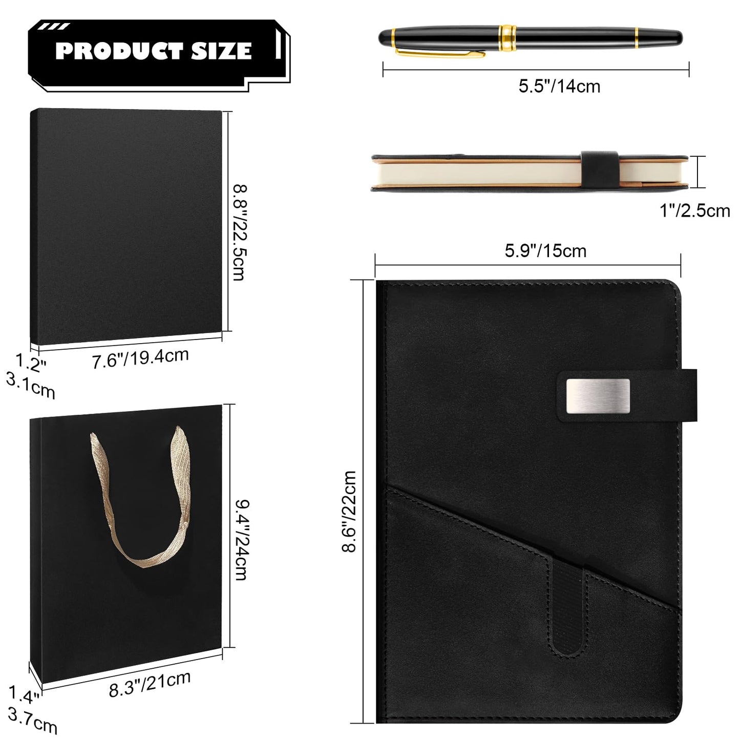 A5 Lined Leather Notebook and Pen Set with Gift Box, 240 Pages Refillable Journal with Pocket and Magnetic Buckle, Hardcover Daily Diary for Men and Women Business Travel Personal Writing- Black