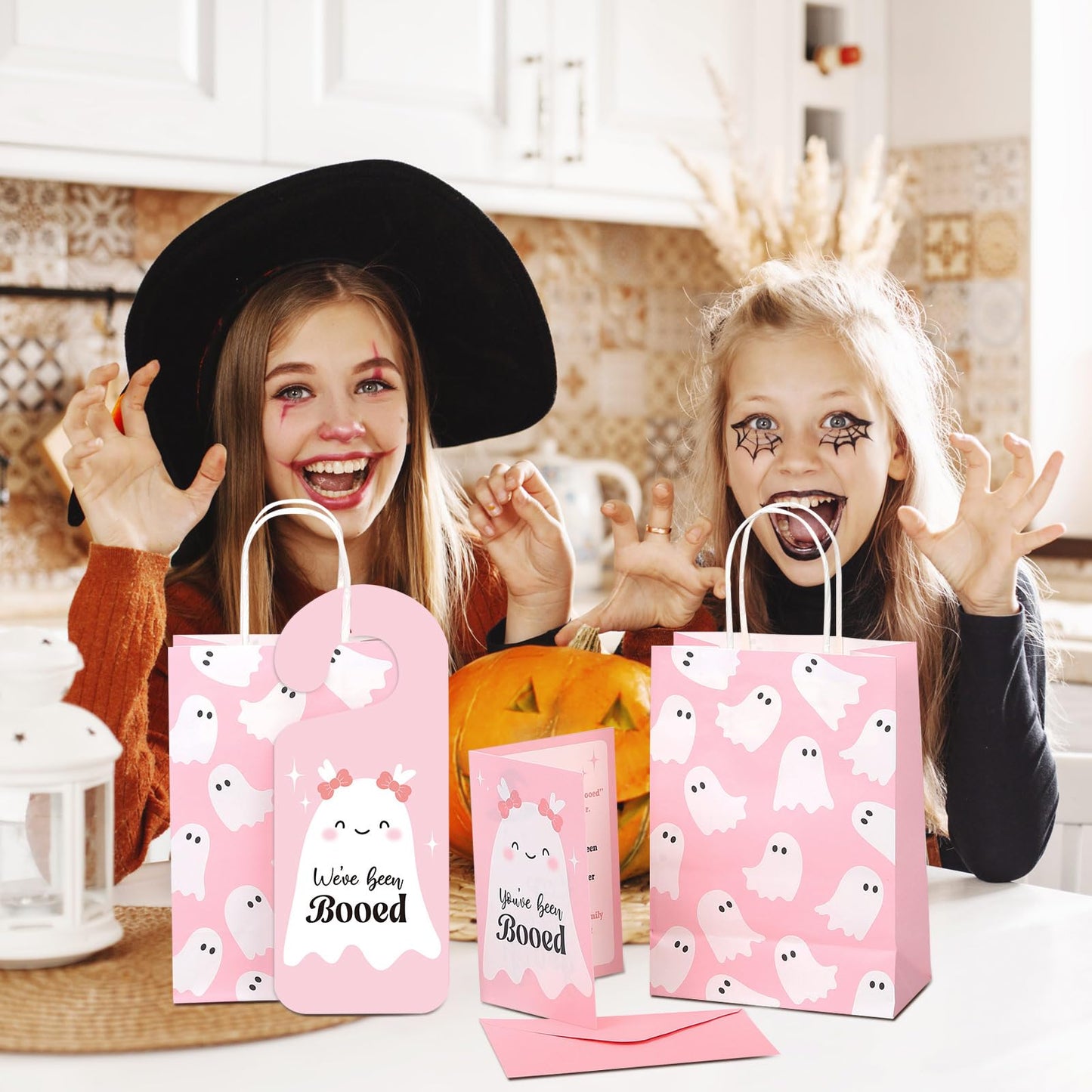 Resholder 24 Set Halloween You've Been Booed Ghost Paper Gift Treat Bag Kit with 24 Boo Gift Bags 24 Cardstock 24 We've Been Booed Doorknob Hangers 24 Envelopes for Neighbors Friends(Pink Ghost)
