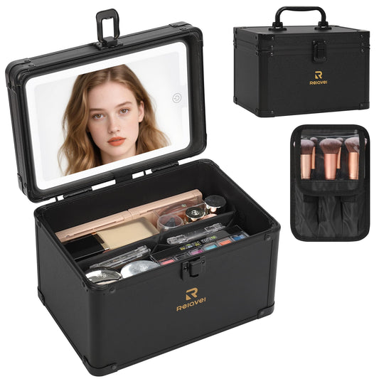 Relavel Makeup Bag with LED Mirror, Travel Cosmetic Train Case with 3 Colors Light up Mirror, Portable Makeup Aritst Storage Organizer Box with Brush Holder, Birthday Gifts for Women and Girls, Black
