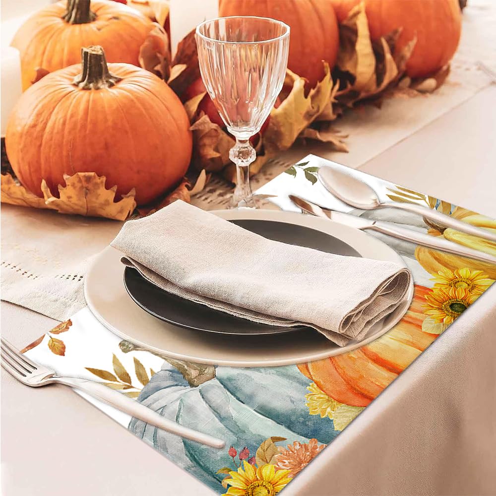 50 Pack Pumpkin Leaves Paper Placemats Fall Autumn Harvest Paper Placemats 10x14 Inch Seasonal Autumn Thanksgiving Disposable Placemat for Holiday Farmhouse Indoor Outdoor Home Party Dining Decoration