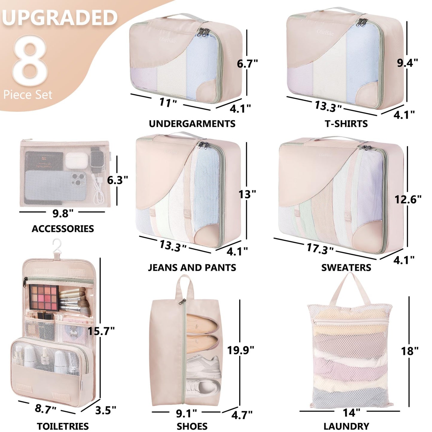 8 Set Packing Cubes for Travel, Gifts for Women Mom,Anti-Tearing Suitcase Organizer for Luggage with Shoe & Hanging Toiletry Bag,OlarHike Vacation Essentials & Accessories for Cruise Ship