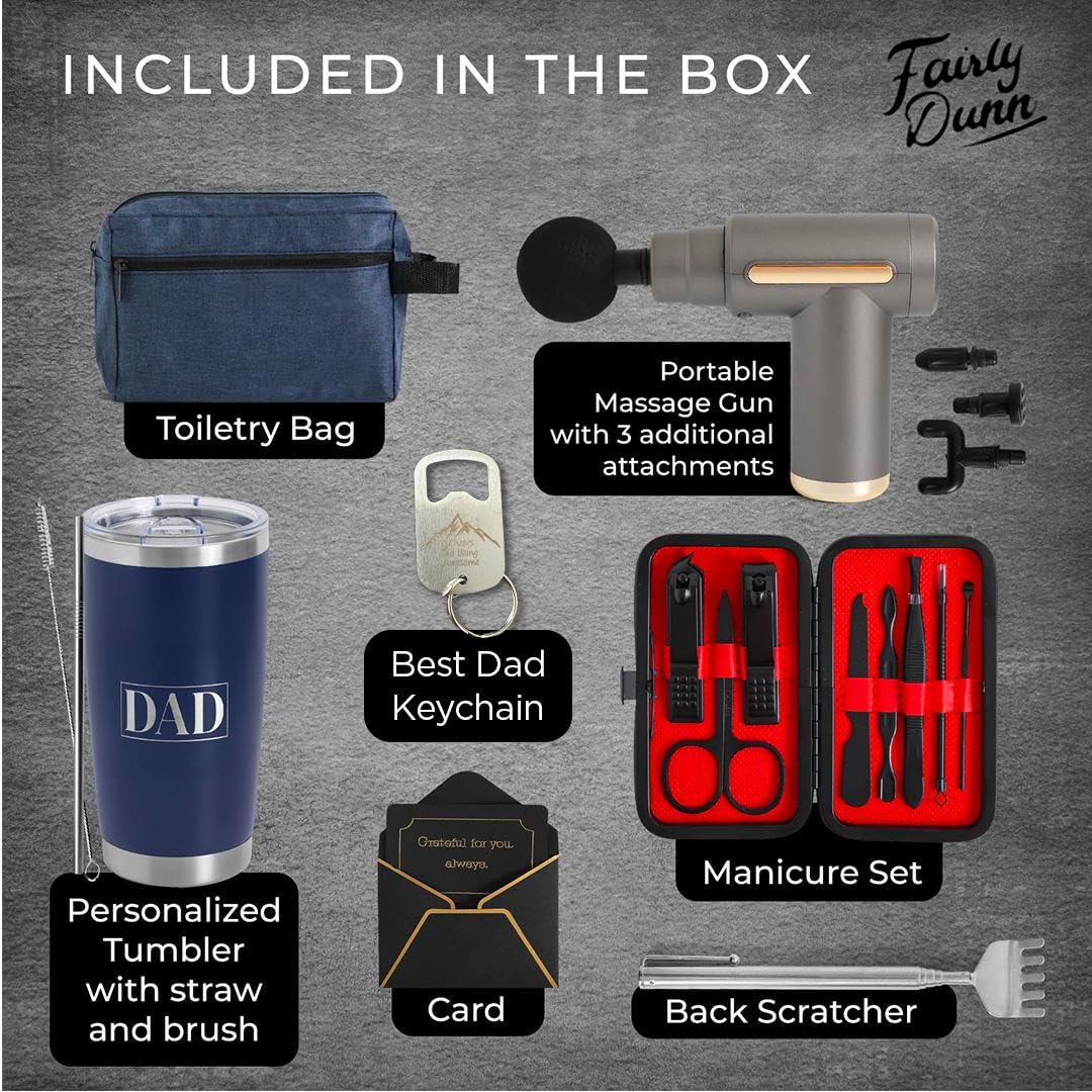 Fairly Dunn Luxury Dad Gift Box with Deep Tissue Massage Gun – Ultimate 7-Piece Birthday Set Includes 20oz Tumbler, Toiletry Bag & Grooming Kit – Premium Father’s Day Gift Basket