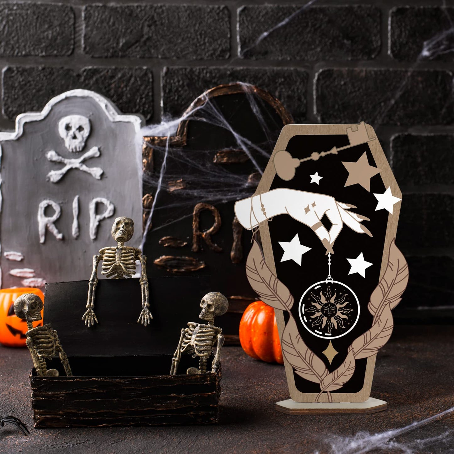 3-Piece Gothic Home Decor: Witch Hand Wooden Coffin Sign, Spooky Hands Stars Hearts Table Desk Accessories for Halloween Party Supplies