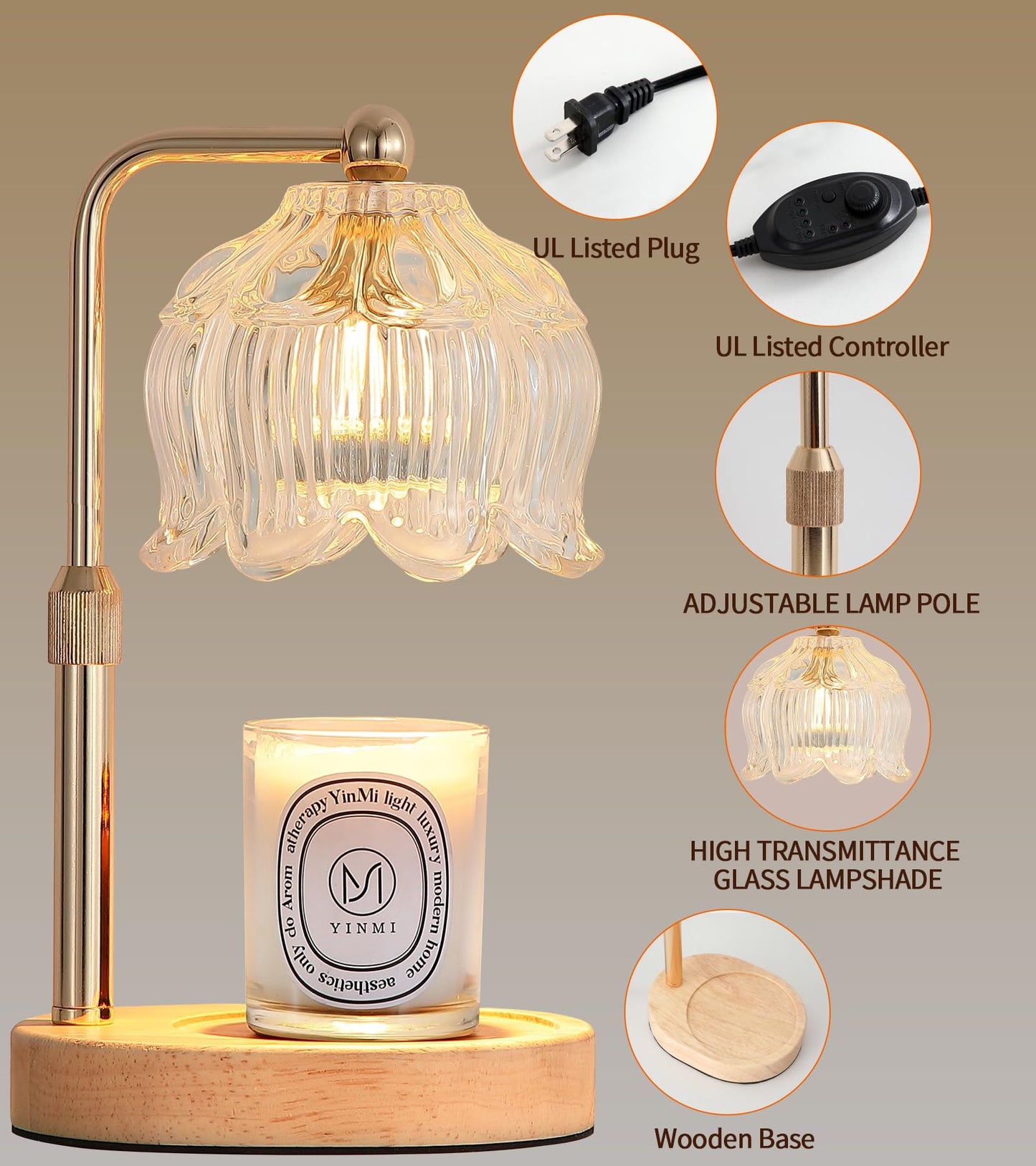 Gold Candle Warmer Lamp for Flower-Shaped Glass,Wax Melt Warmer for Jar Candles,Candle Warmer Lamp with Timer Dimmable, Birthday Mother's Day Valentines Gifts for Women Mom Sister Wife Bedroom