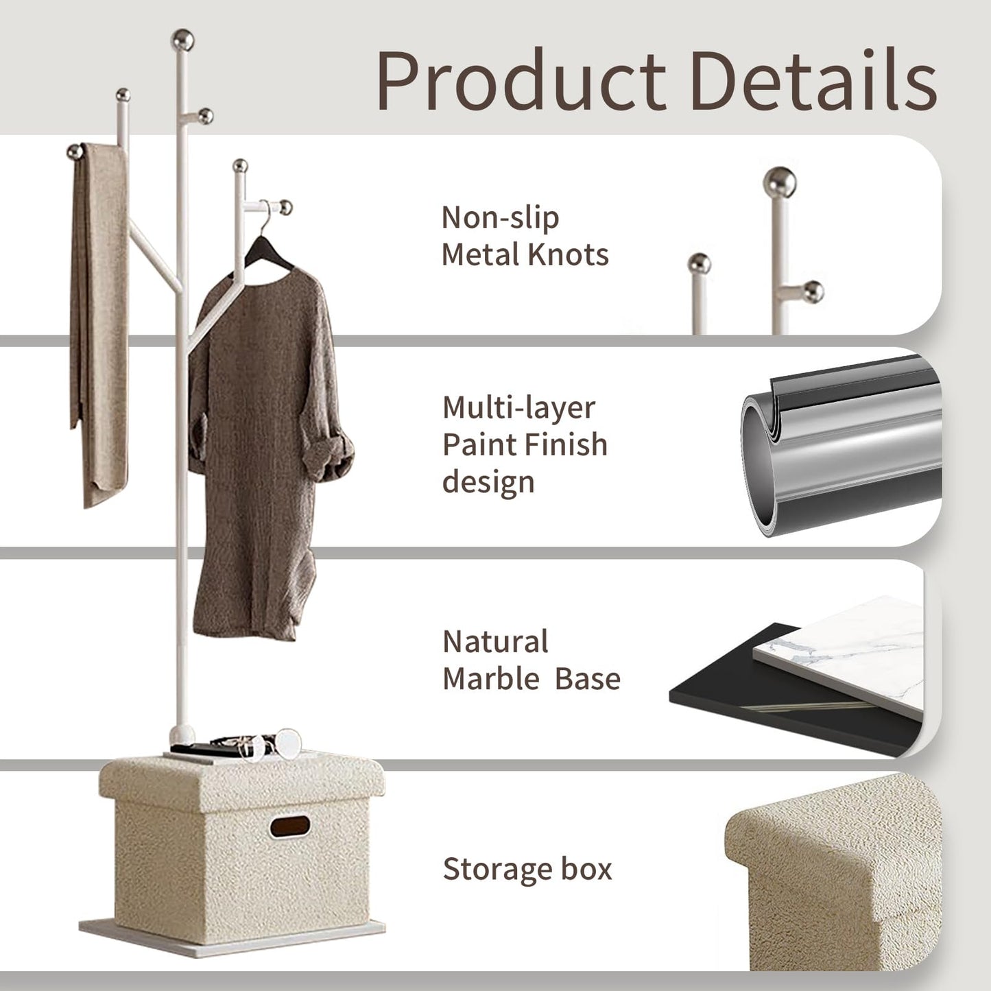 Ronsan Modern Metal Coat Rack Stand, Heavy Duty Coat Rack Freestanding with Natural Marble Base, 8 Hooks, Ideal for Bedroom, Entryway, Hallway, Office, Gifts for Women, for Mom, for Men (White)