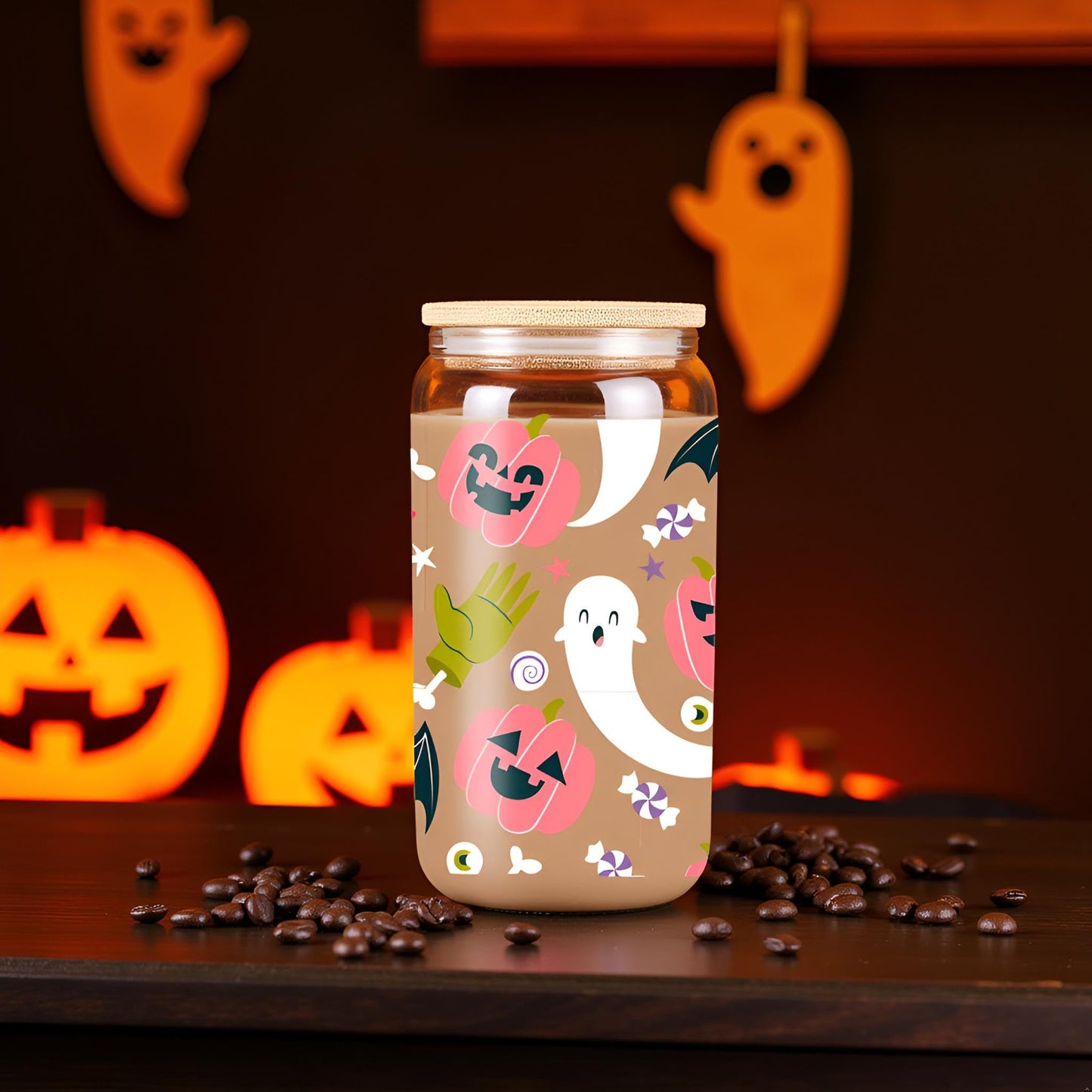FIQZYOTHC Pink Pumpkin Halloween Cup, Spooky Iced Coffee Glass, 16oz Cute Ghosts Cups w/Lids Straws, Ghost Bats Décor Halloween Tumbler Gifts for Women, Teens, Girls, Boo Basket Stuffers