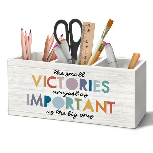 Yjeslw Boho Inspirational Pen Holder Organizer for Desk Accessories, the Small Victories Are Just As Important As the Big Ones Motivational Wooden Box Sign Desk Decorations for Home Office Decor