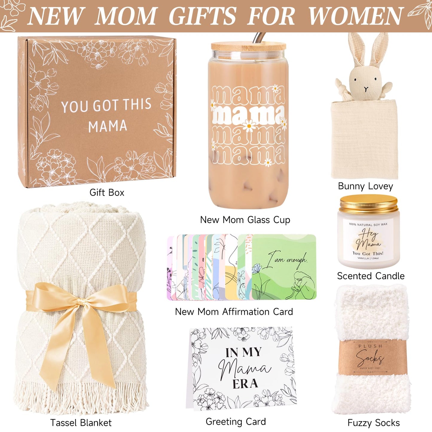 New Mom Gifts, New Mom Care Package After Baby, Baby Shower Gifts for Mom to Be, Pregnancy Gifts for Expecting Mother, Unique 16OZ Mama Glass Cup Knitted Blanket Gift Baskets for Women (White)