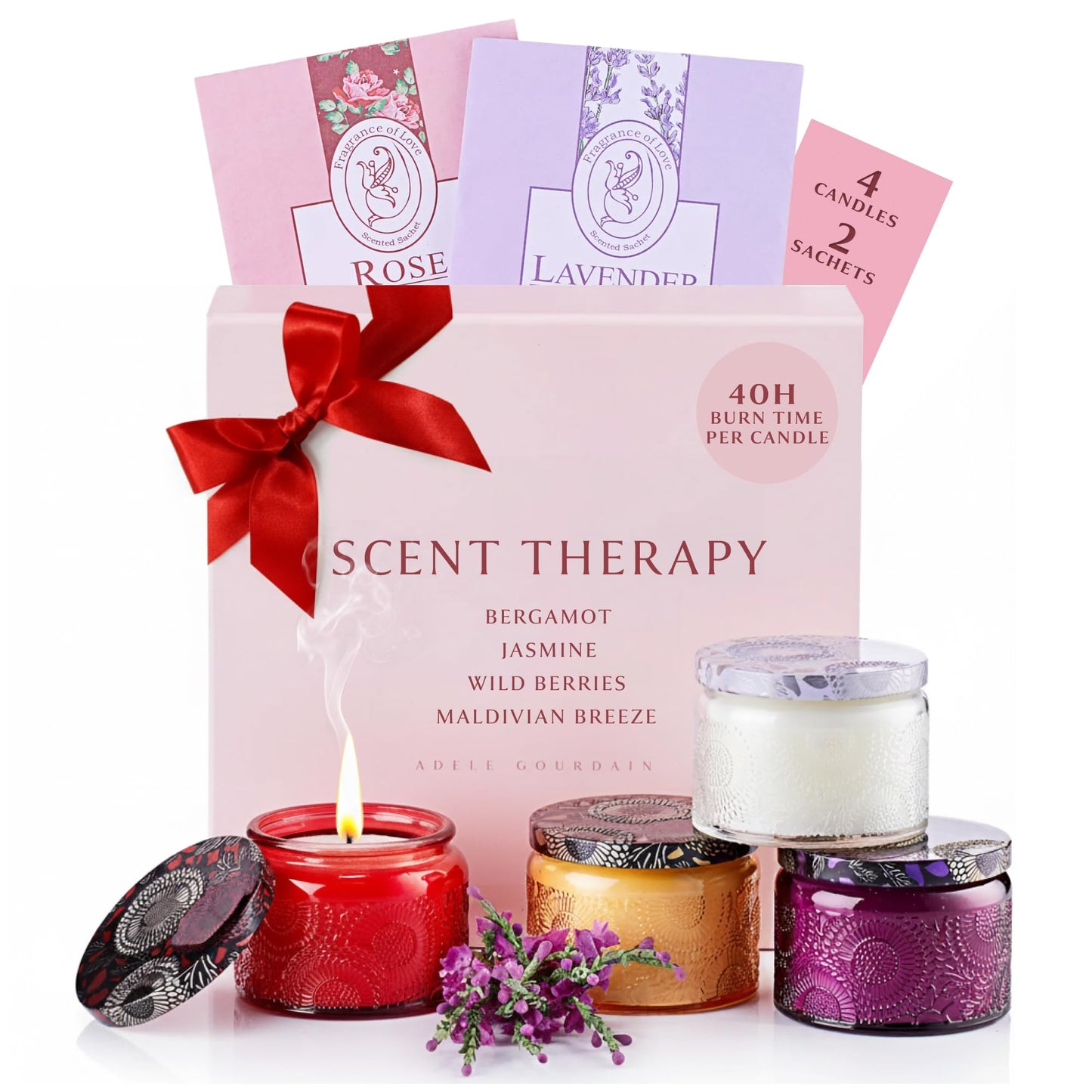 ADELEGOURDAIN Aromatherapy Scented Gift Set - 4 Soy Wax Candles & 2 Fragrance Sachets - Calming Jasmine, Bergamot, Berry & Breeze Scents in Glass Jars - Home, Bath & Relaxation Presents for Women