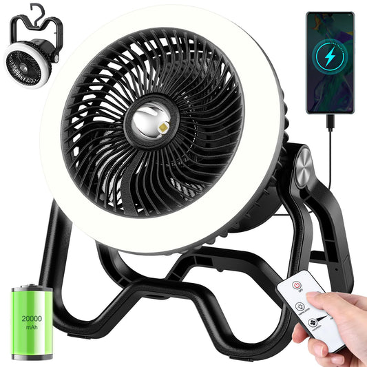 Xynover Portable Camping Fan Rechargeable Camping Lantern-40Hrs,20000mAh Cordless Battery Operated Oscillating Fan with Remote,Hanging Hook and Magnetic Base, 3 Speeds for Tents, Outdoor, RV, Outage