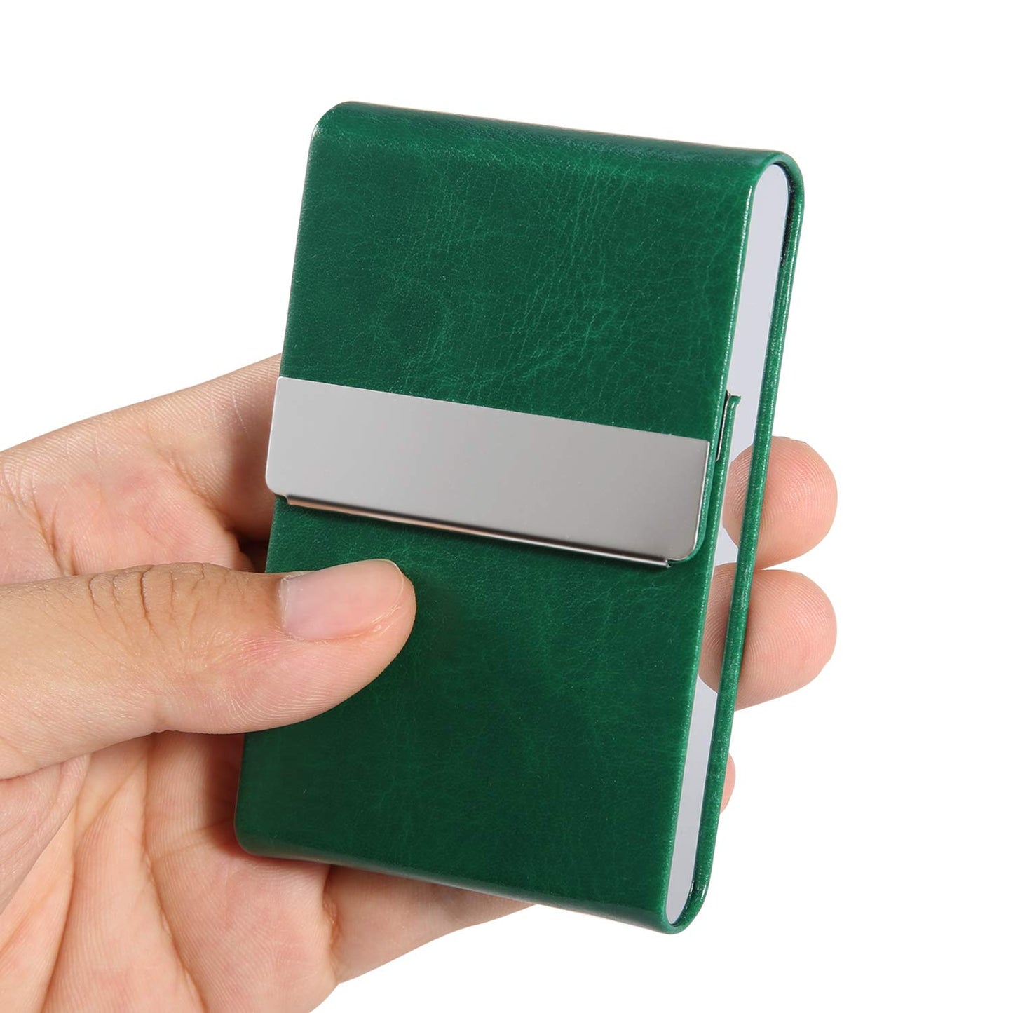 JuneLsy Business Card Holder Case - Professional PU Leather Metal Name Card Holder Pocket Business Card Carrier for Men & Women with Magnetic Shut (S-Dark green)