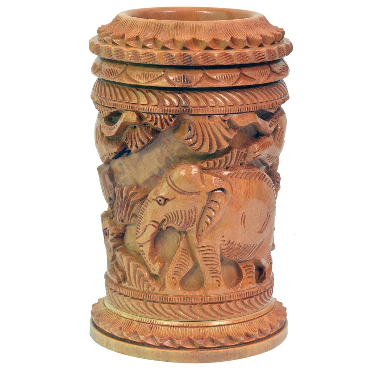 Craft Trade Hand Carved Wooden Pen Holder Desk Organizer, Elephant Design Pencil Holder Cup for Office Home School, Wooden Stationery Storage Box, Desk Decor, Camel Brown