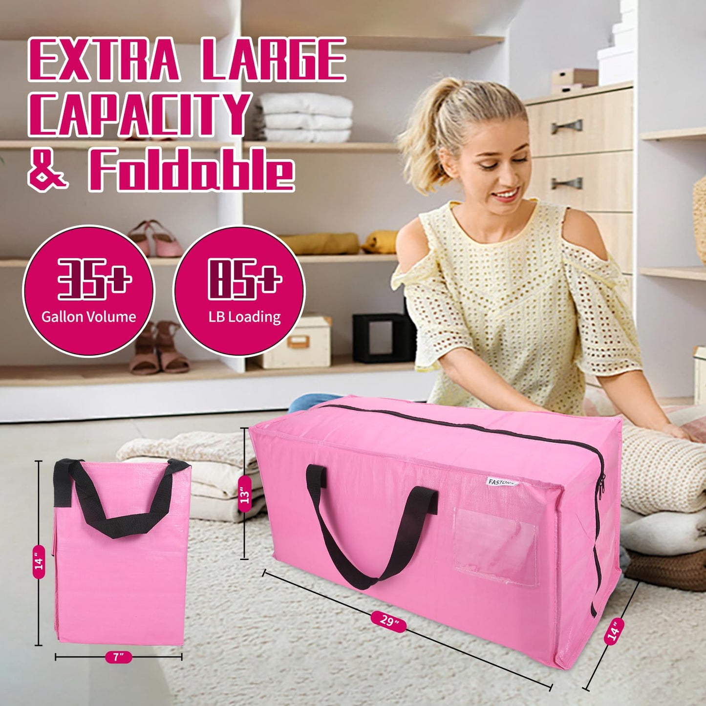 FASTORS 6-Pack Moving Bags,Heavy Duty Large Storage Bags with Zippers & Backpack Straps,Space Saver Bags are Packing Supplies for Moving & Travel,Alternative to Moving Boxes(Pink)