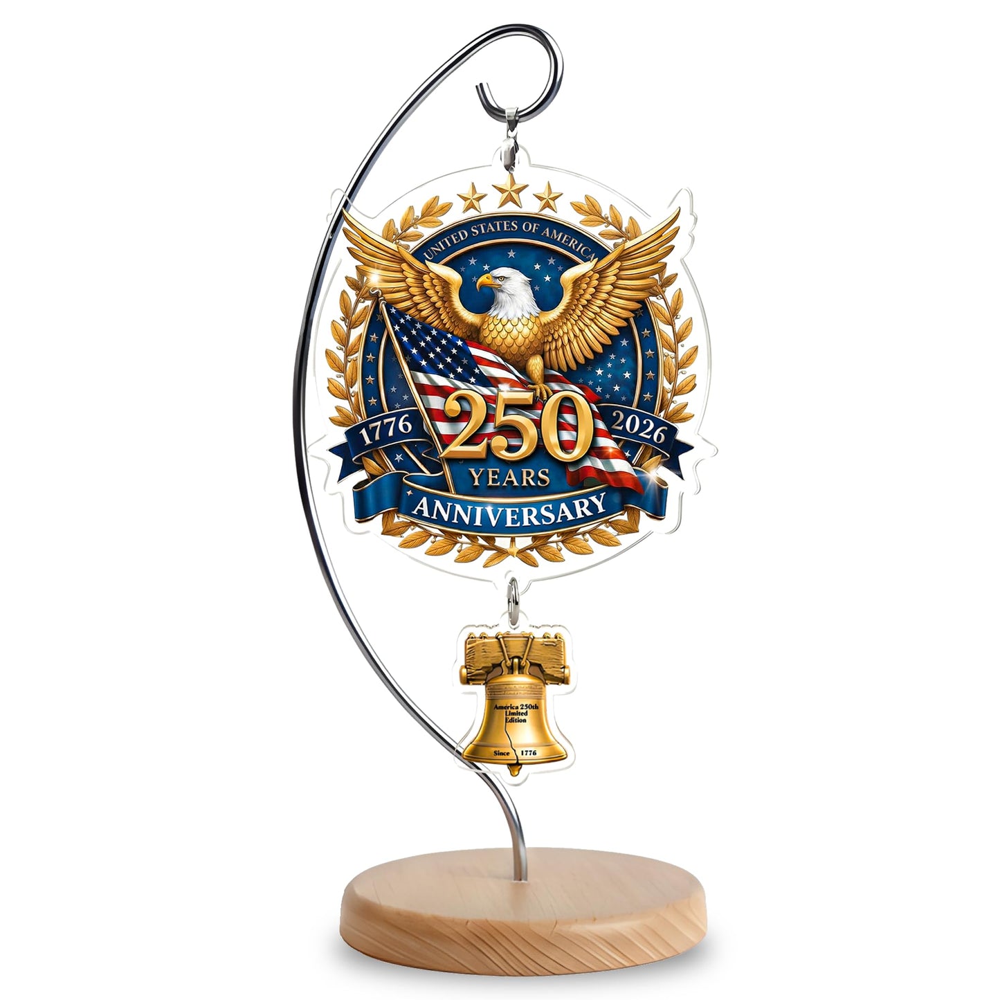 USA 250th Anniversary Tabletop Decor with Wooden Stand, American Patriotic Home Decor, Liberty Bell Ornament, 250 Anniversary USA Merchandise, Independence Day Desk Decoration, Gift for US Citizens