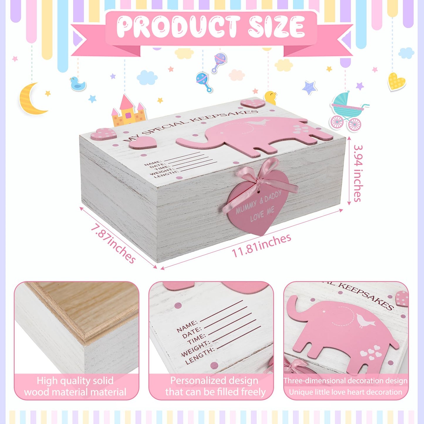 Soaoo 3D Wooden Baby Boys Memories Keepsake Box Baby Girls Elephant First Keepsake Box New Parent Newborn Baptismal Birthday Gift for Mementos 11.81'' x 7.87'' x 3.94''(Pink)