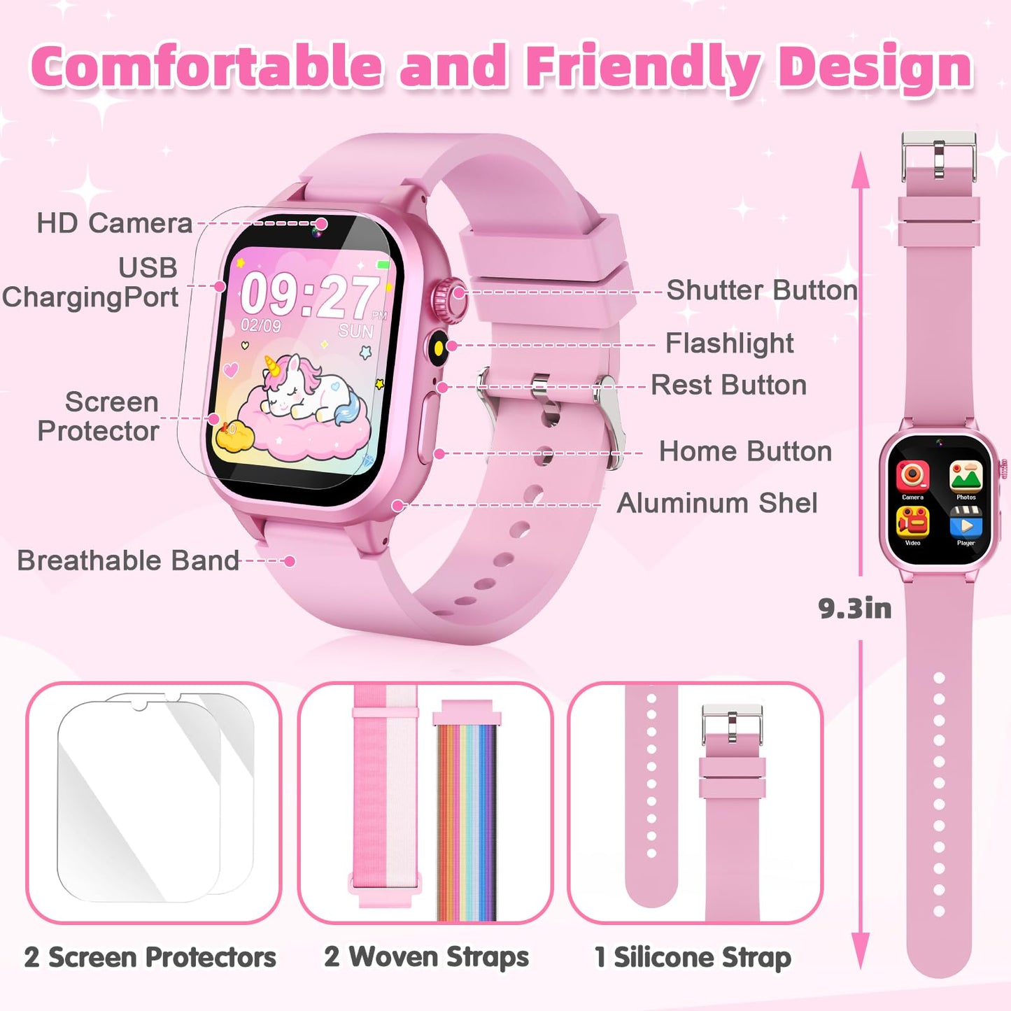 Kids Smart Watch Girls Gift for Girl Aged 5-12, 40 Games HD TouchScreen Kids Watch with Video Camera Music Pedometer Audiostory Learn Card Toys Birthday Gifts for Girls Ages 5 6 7 8 9 10(Pink)
