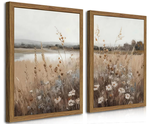 Wood Frame Vintage Wall Art Set of 2, Retro Farmhouse Wildflower Wall Decor Paintings Art Pictures, Country Floral Field Landscape Canvas Posters Prints for Bedroom Bathroom 12x16In Framed