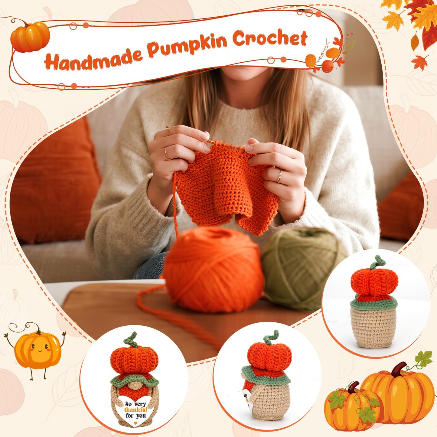 Thanksgiving Thank You Gifts for Mom Boss Lady Mentor Friend Hostess Teacher Appreciation, Handmade Crochet Pumpkin Gnome Fall Home Decor, Halloween Decorations for Women Men, Thanksgiving Table Decor