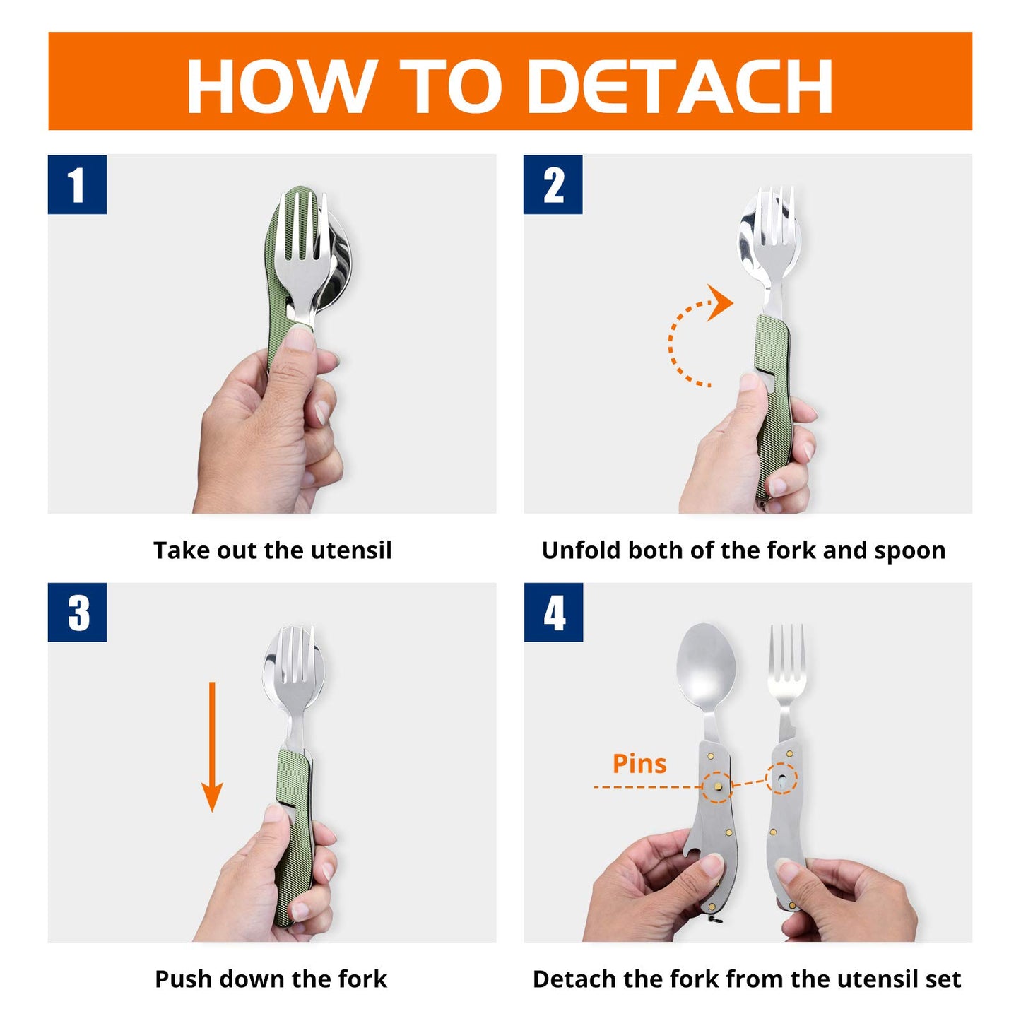 HIKENTURE Camping Utensils 2 Pack, 4-In-1 Stainless Steel Spoon Fork Knife Set Backpacking Travel Cutlery Metal Multitool Boy Scout(Green 2pack)