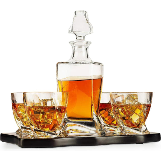 Ember Japanese Crystal Whisky Decanter Set with 4 Tumbler Glasses, Lead-Free Liquor Carafe & 10oz Rocks Glasses - Scotch Bourbon, Spirits & Wood Base Elegant Barware Gift for Men, Japan Design Gifts