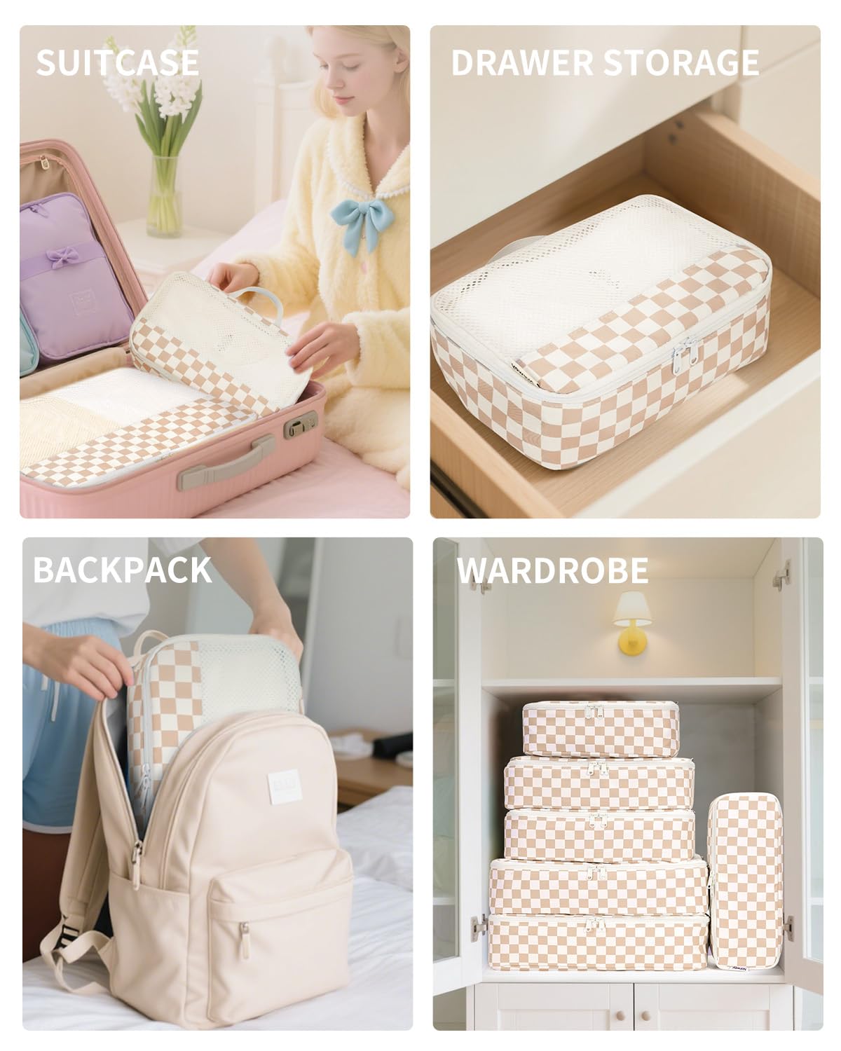 Narwey 7 Set Checkered Packing Cubes for Travel Carry on Suitcase Luggage Organizer Bags for Kids Women Men, Durable Packing Organizers Bag, Travel Essentials Accessories (Light Checkerboard)