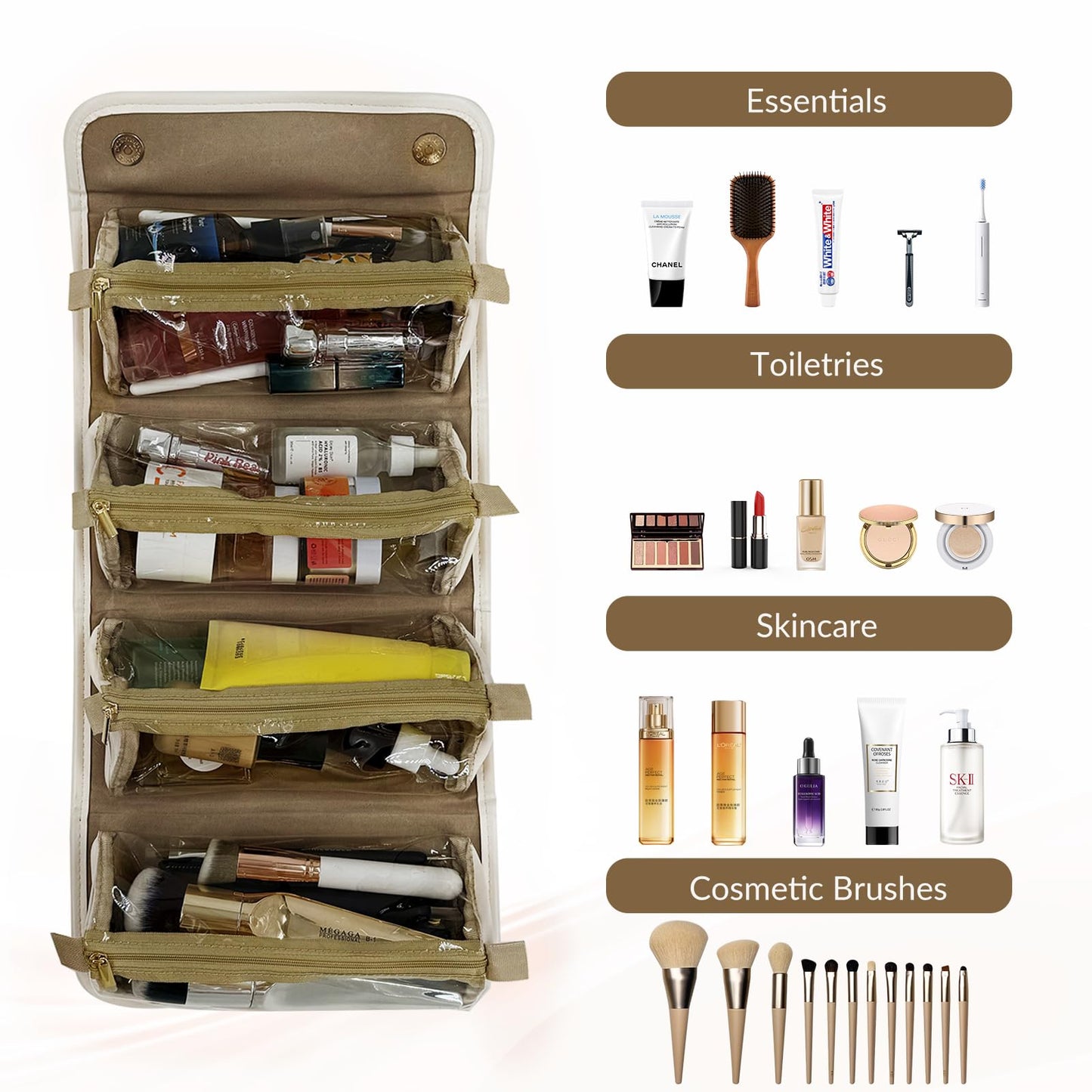 YDR 4-in-1 Travel Makeup Bag with Detachable Pouches, Large Hanging Toiletry Organizer for Women, Waterproof PU Leather Cosmetic Bag for Brushes, Toiletries & Skincare, Portable Roll Up Case
