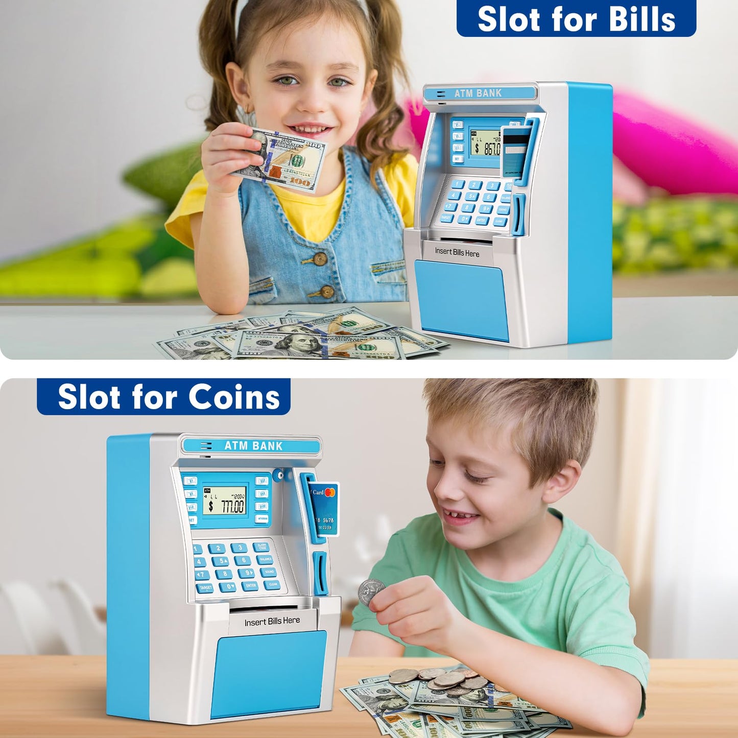 BAODLON Blue Piggy Bank for Kids, ATM Machine Bank for Real Money with Debit Card, Bill Feeder, Coin Recognition, Balance Calculator, Electronic Savings Safe Box, Cool Stuff Toys Gifts for Teen Girl