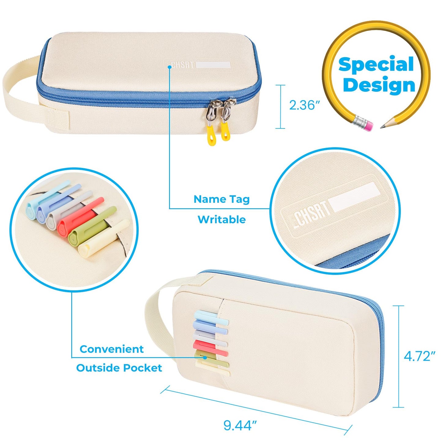 ECHSRT Big Pencil Case, Aesthetic Portable Zipper Pencil Bag with Hidden Pocket, Special Pouch for Men Women Adults, Stationery Organizer Pen Cases for Office Travel,Beige