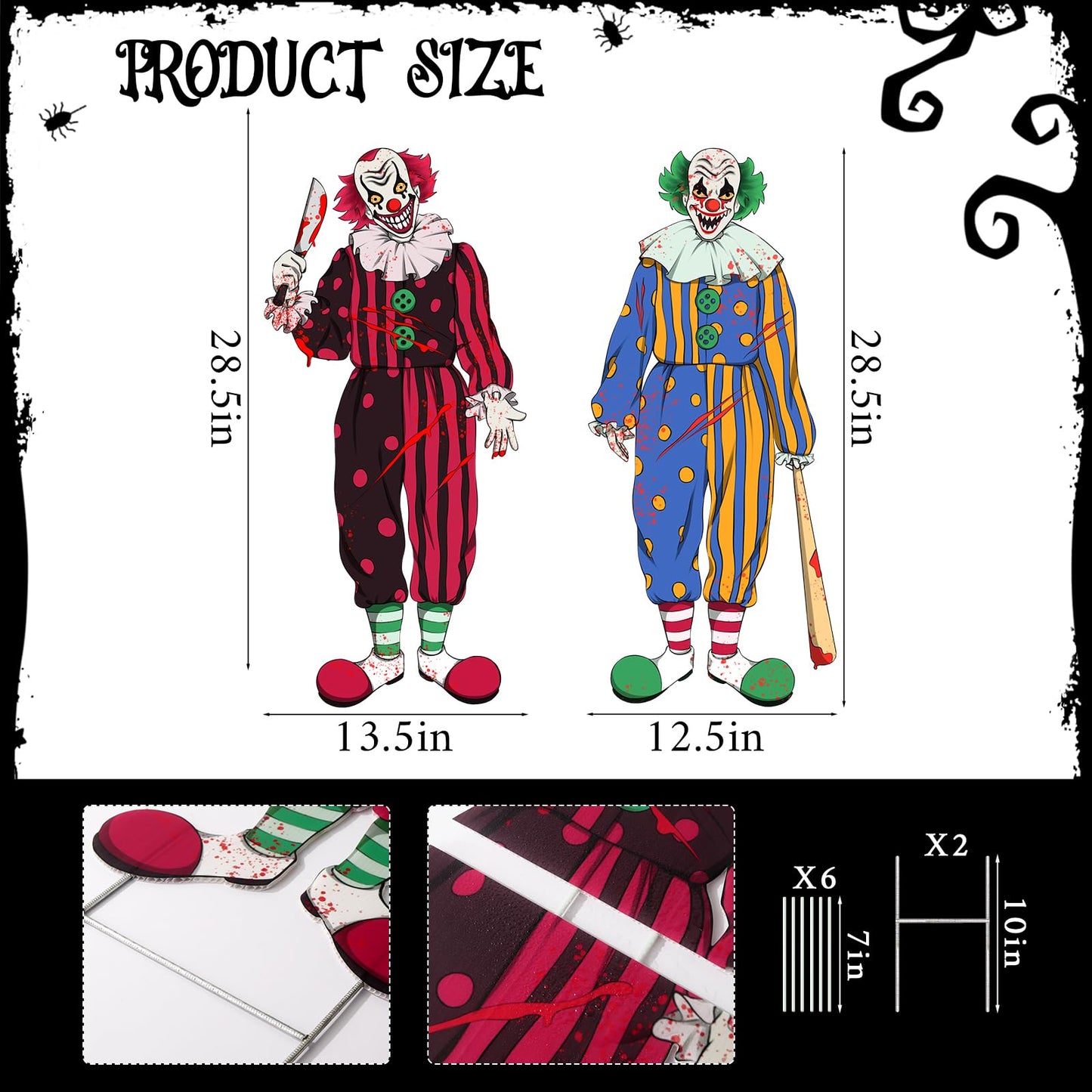 Bunny Chorus Outdoor Halloween Decorations: 2ct Extra Large Bloody Clowns Yard Signs with Stakes, Corrugated Plastic, Red Green Outside Halloween Decor for Kids Home School Yard Lawn Haunted House