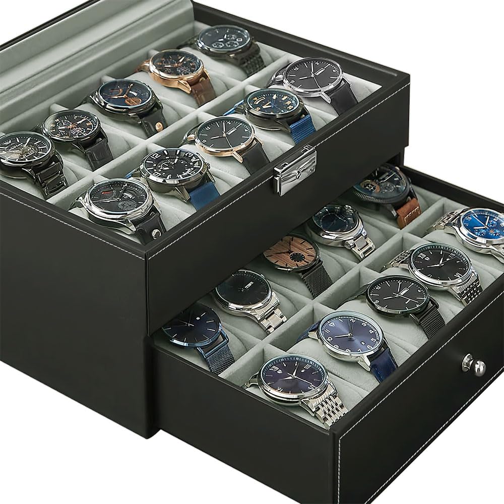 J&T Technology 20-Slot Watch Box for Men,2 Layers Watch Box Organizer,Watch Display Case with Glass Lid,Watch Holder Organizer with Removable Pillows,Gift for Loved Ones(20 Slot)