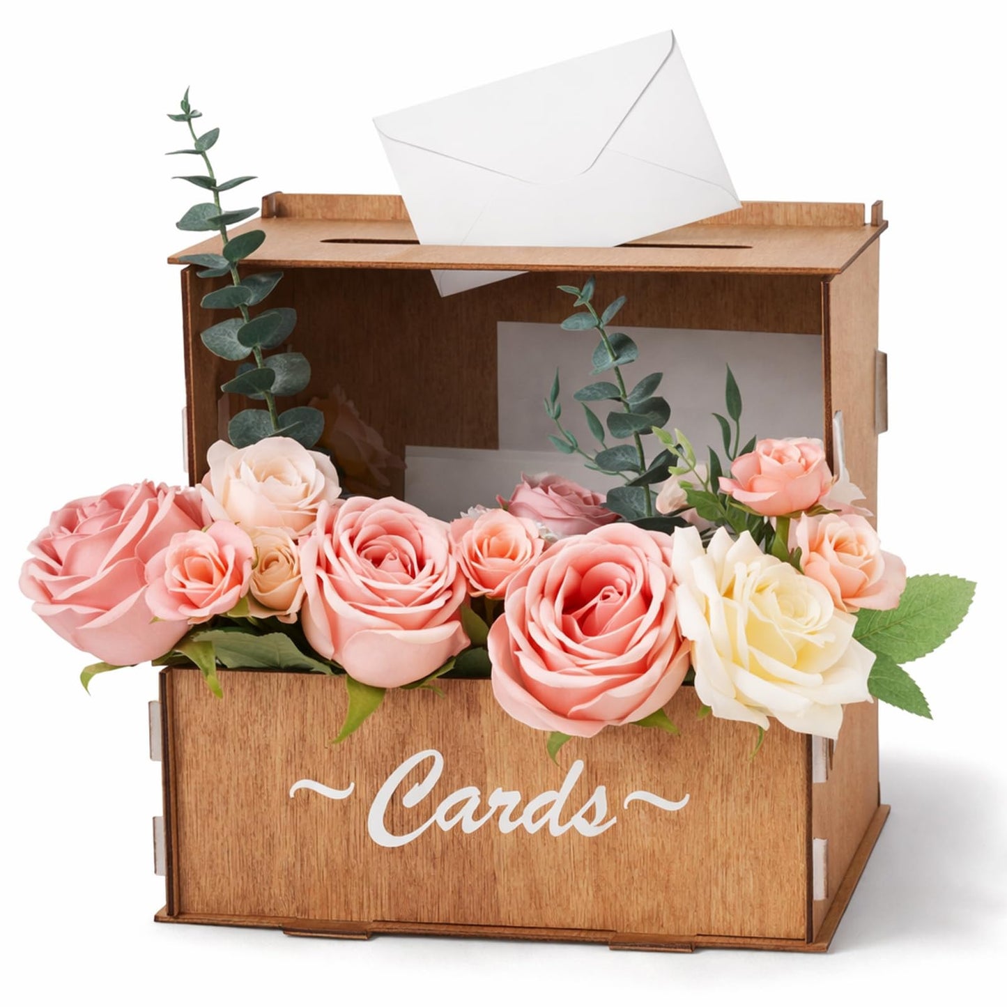 AceOrbit Wooden Rustic Wedding Card Box for Reception with Acrylic Window & Flower Holder, 9.8" Wood Money Gift Card Box with Slot, Holds 250 Cards, for Honeymoon Fund Graduation Baby Shower Party