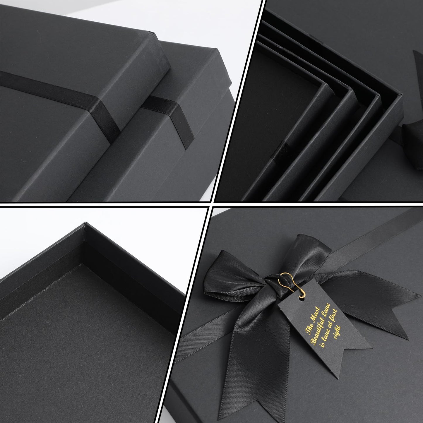 Afgaogw 5 Pack Black Nesting Gift Boxes with Lid, 5 Sizes Luxury Wrapping Boxes with Ribbon Bows & Label for Valentine's Day, Birthday, Weddings, Mother's Day & Thanksgiving Presents, 13.7'' to 5.1''