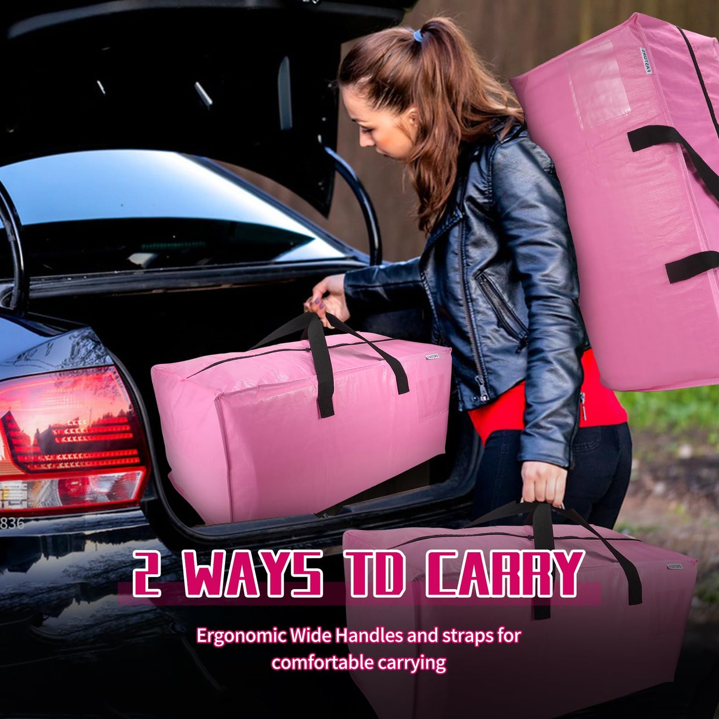 FASTORS 6-Pack Moving Bags,Heavy Duty Large Storage Bags with Zippers & Backpack Straps,Space Saver Bags are Packing Supplies for Moving & Travel,Alternative to Moving Boxes(Pink)