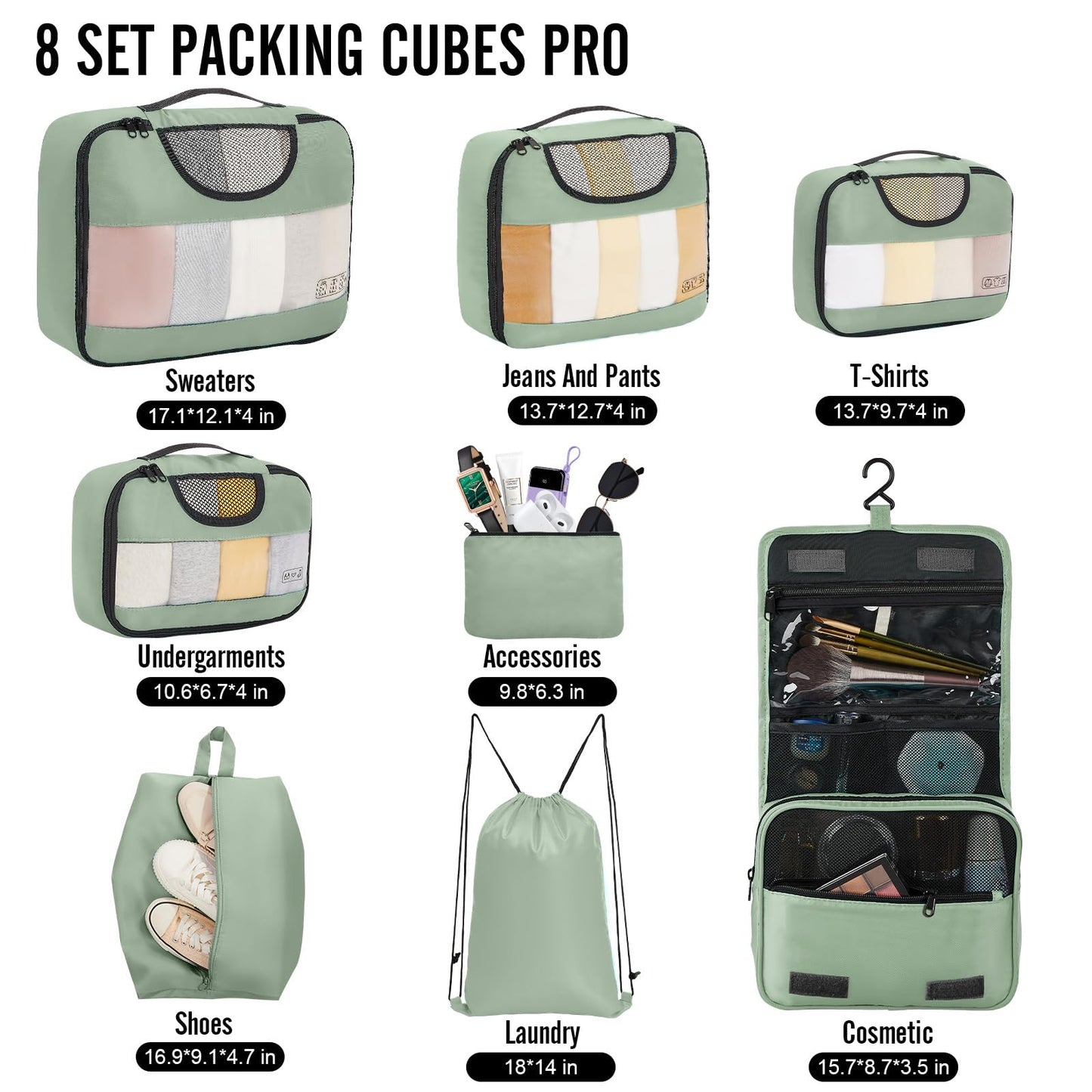 Veken 8 Set Packing Cubes for Travel Essentials, Suitcase Organizer Bags in 4 Sizes, Carry-On Luggage Accessories with Large Laundry & Hanging Toiletry Bag, Must-Have for Airplane, Road Trip & Camping