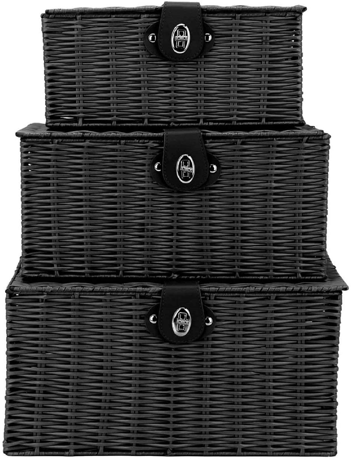 Homepeaz Set of 3 Woven Wicker Storage Basket Box with Lids & Lock, Built-in Carry Handles, Multifunctional Storage Organizer for Nursery, Baby, Clothes, Toys, Books, Large/Medium/Small Size (Black)