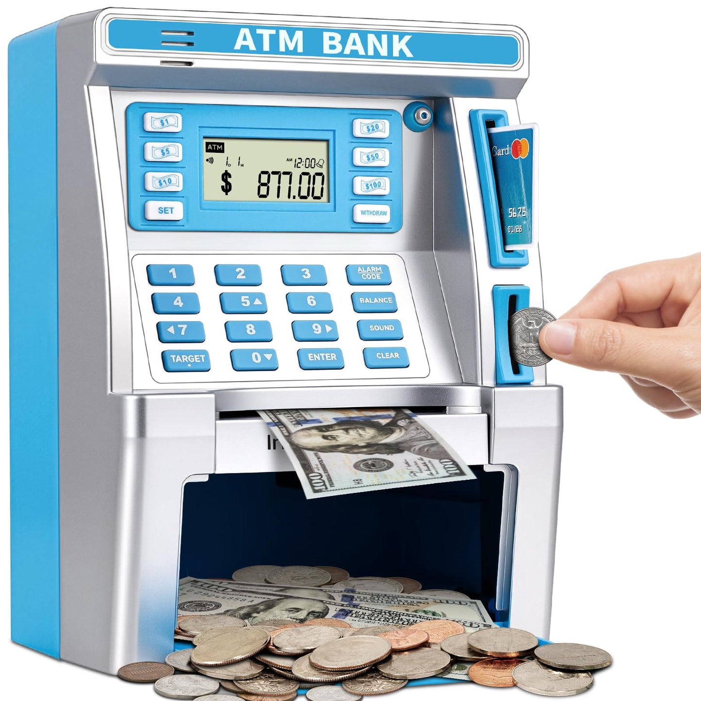 BAODLON Blue Piggy Bank for Kids, ATM Machine Bank for Real Money with Debit Card, Bill Feeder, Coin Recognition, Balance Calculator, Electronic Savings Safe Box, Cool Stuff Toys Gifts for Teen Girl