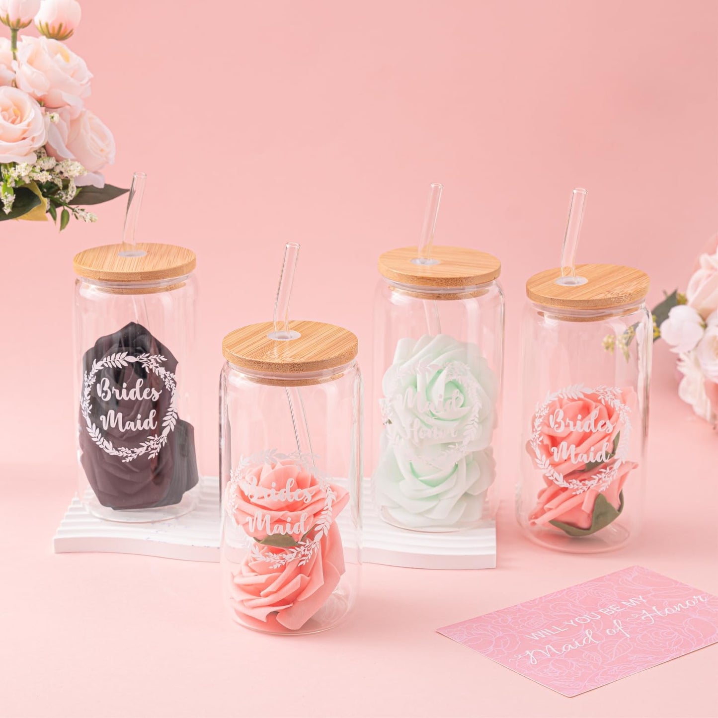 6 Sets Pink Bridesmaid Proposal Gifts, Maid of Honor Gift Includes Wedding Gift Box Jewelry Box Makeup Bag Bracelet Foam Flower Invited Card Glasses Cup Hair Tie for Bridal Shower Bachelorette Party