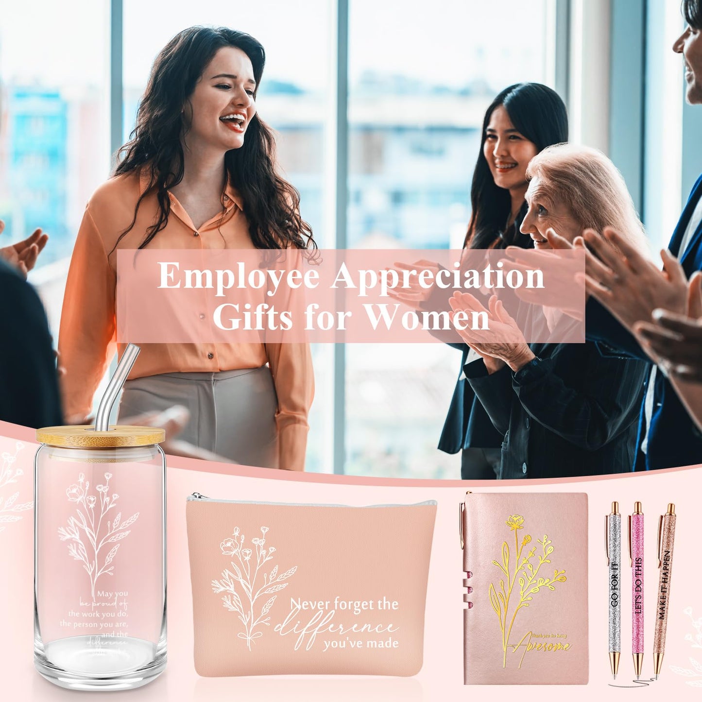 Funnymoom 6 Pcs Appreciation Gifts Set for Women 17oz Aesthetic Glass Tumbler Makeup Bag Journal Ballpoint for Mother's Day Teacher Appreciation 2026 Graduation Volunteer Assistant Secretary Gift