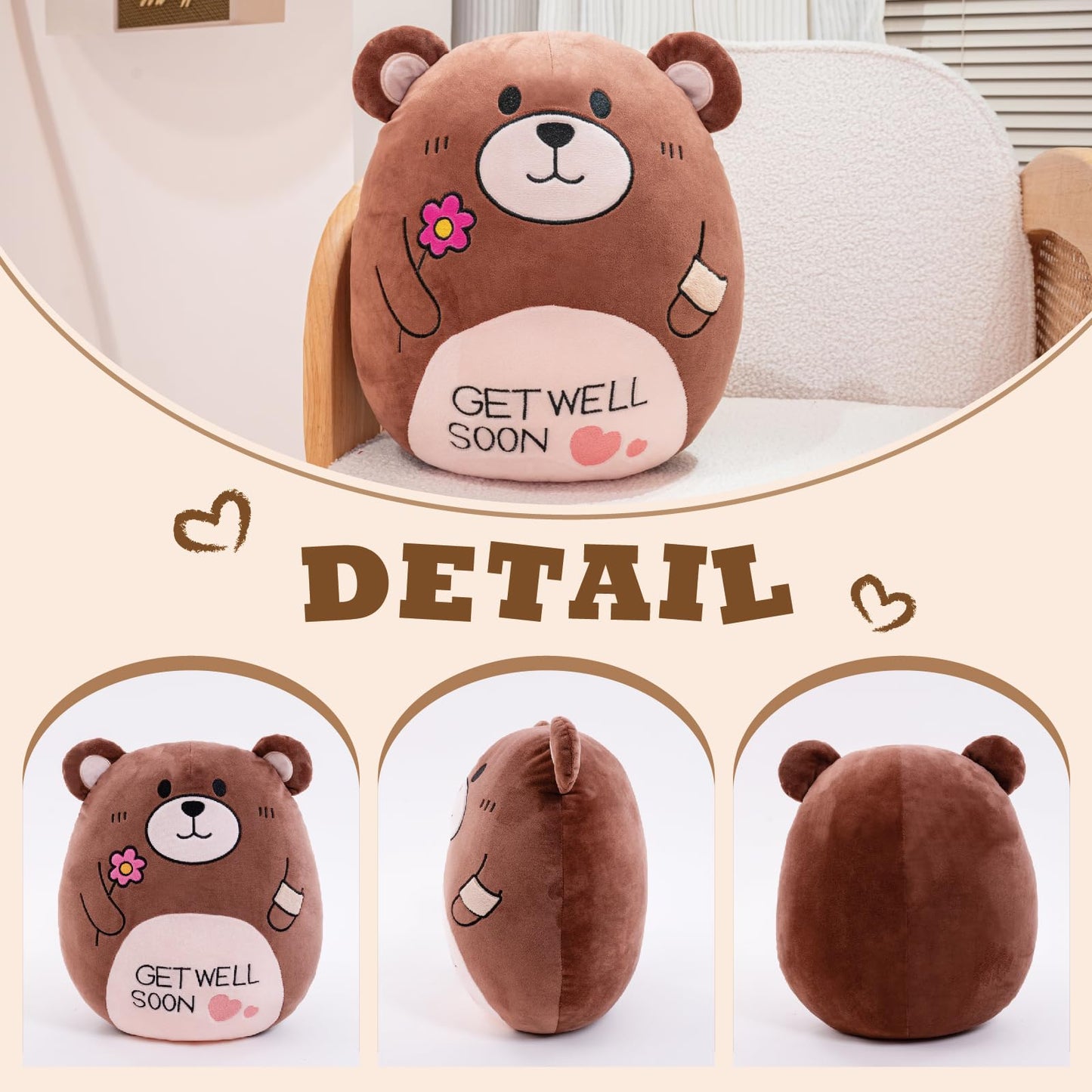 AmyToo 14.5“ Get Well Soon Teddy Bear Plush Pillow Soft Teddy Bear Stuffed Animal Body Pillow Gifts for Kids Girls and Boys After Surgery