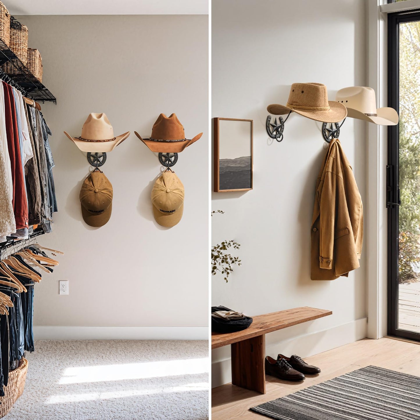 HYDERMUS Cowboy Hat Holder for Wall 2 Pack Metal Iron Cowboy Hat Rack Western Hat Hanger Horseshoe Hooks Storage Cowboy Hat Organizer Display Closet Living Room Western Gifts Wall Decor Black