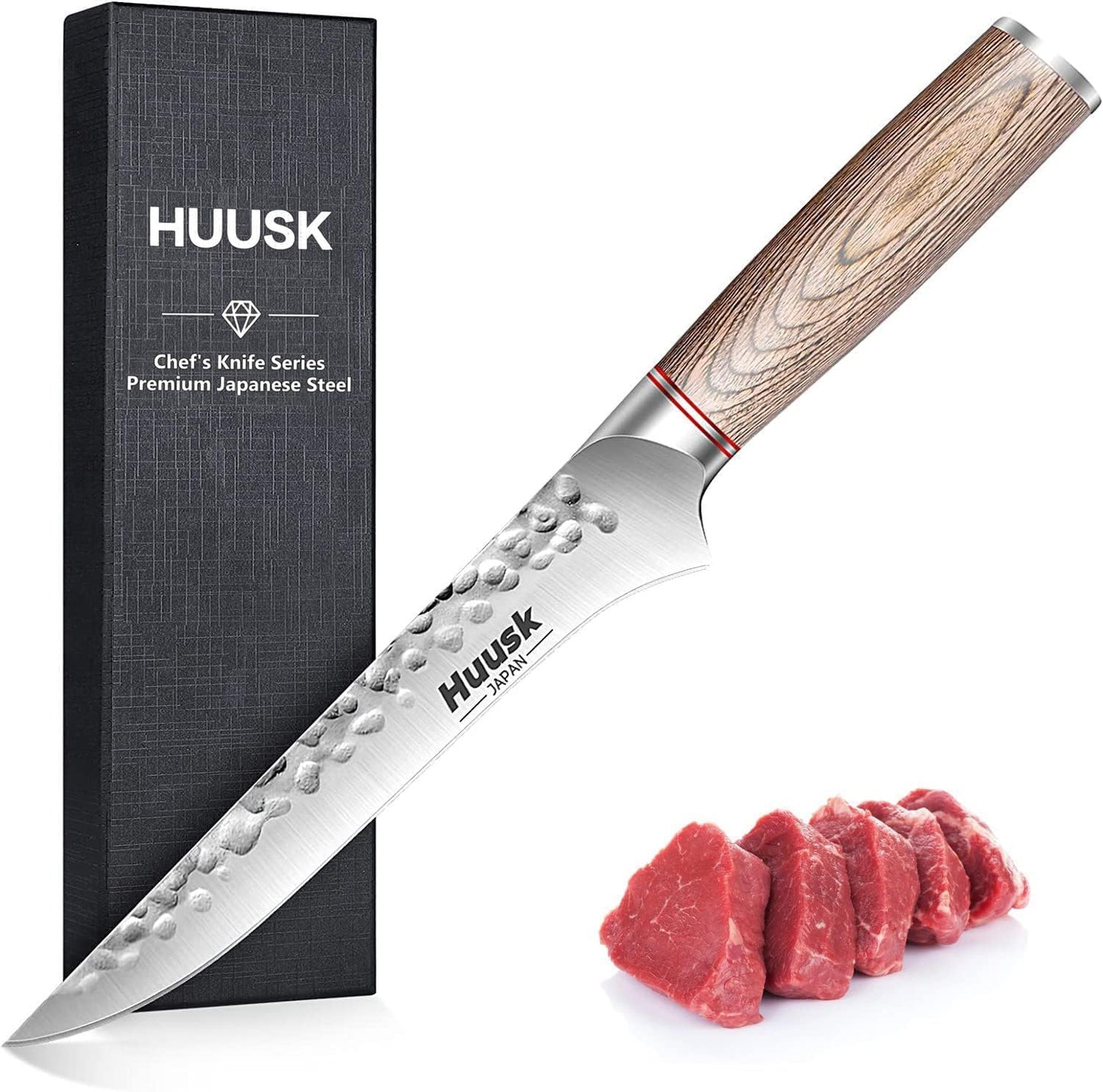 Huusk Boning Knife for Meat Cutting, 6.5" Hand Forged Japanese Fillet Knife for Meat Fish Poultry, Deboning Butcher Knives for Processing with Ergonomic Pakkawood Handle, Gift Box for Cooking lovers