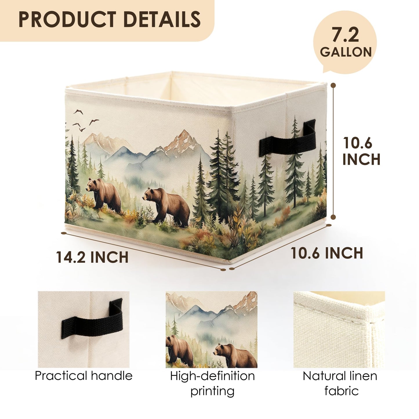 Fyecoluo Forest Brown Bear Nursery Storage Bins Box with Handles, Camping Hiking Lover Gifts Foldable Basket Toybox for Kids Room Nursery Playroom Bedroom Bathroom Clothes Toys Books