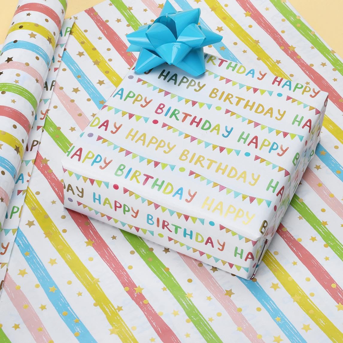LaRibbons Reversible Happy Birthday Wrapping Paper, Colorful Birthday Lettering with Party Bunting, Stripe & Gold Foil Star Design on Back, Festive Gift Wrap for Party Celebration, Kids, Girls, Women, 17" x 33'