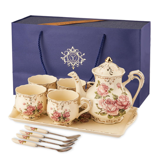 YOLIFE Porcelain Tea Set Vintage Rose, Tea Cups with Teapot, Serving Tray and Teaspoon Service for 4, Suitable for Tea Party Gifts