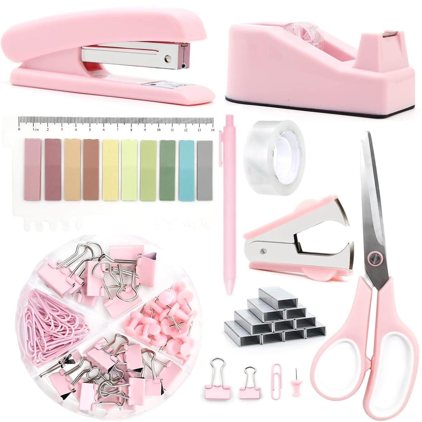 Office Supplies,Pink Desk Accessories, Stapler and Tape Dispenser Set for Women with Stapler,Tape Dispenser,Staple Remover,Staples,Clips,Scissors and Tabs,Gift for Students,Coworkers,Teacher,Business