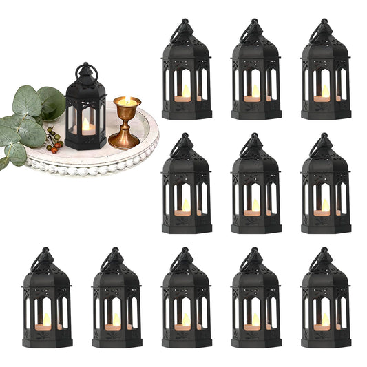 Reperla Mini Moroccan Lanterns with Flicker LED Candles Set of 12, Black Vintage Decorative Hanging Lanterns for Ramadan Decorations, Christmas, Halloween, Wedding Decor, Party, Table Centerpiece