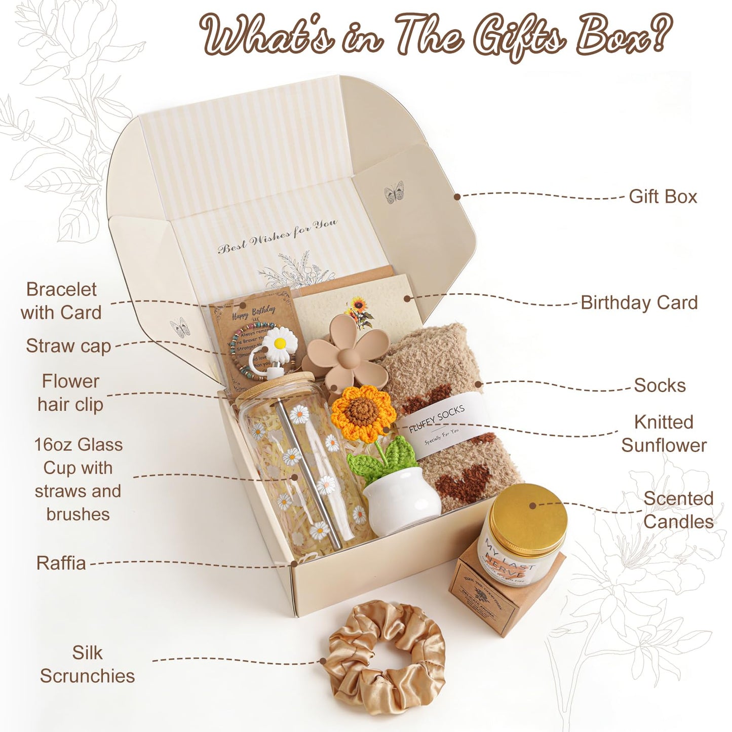Birthday Gifts for Women, Teen Girls, Her, Unique Happy Birthday Gift Baskets for Best Friend Sister Daughter, Women Mother Gifts Box for Girls Wife Girlfriends, 10pcs Cute Daisy Gift Set(Brown)