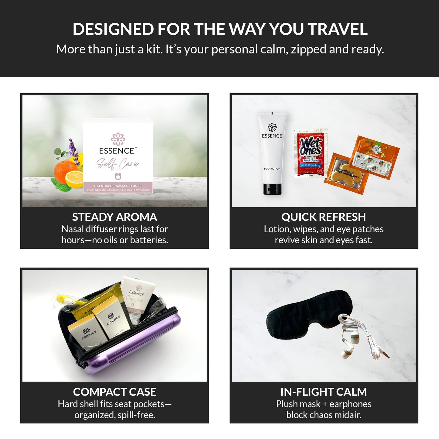 Essence Travel Amenity Kit | Travel Essentials & Travel Size Toiletries Kit | 5-Pack Nasal Diffuser Rings, Sleep Mask, Lotion & Hygiene Kit | Travel Toiletry Kit for Women | Black Case
