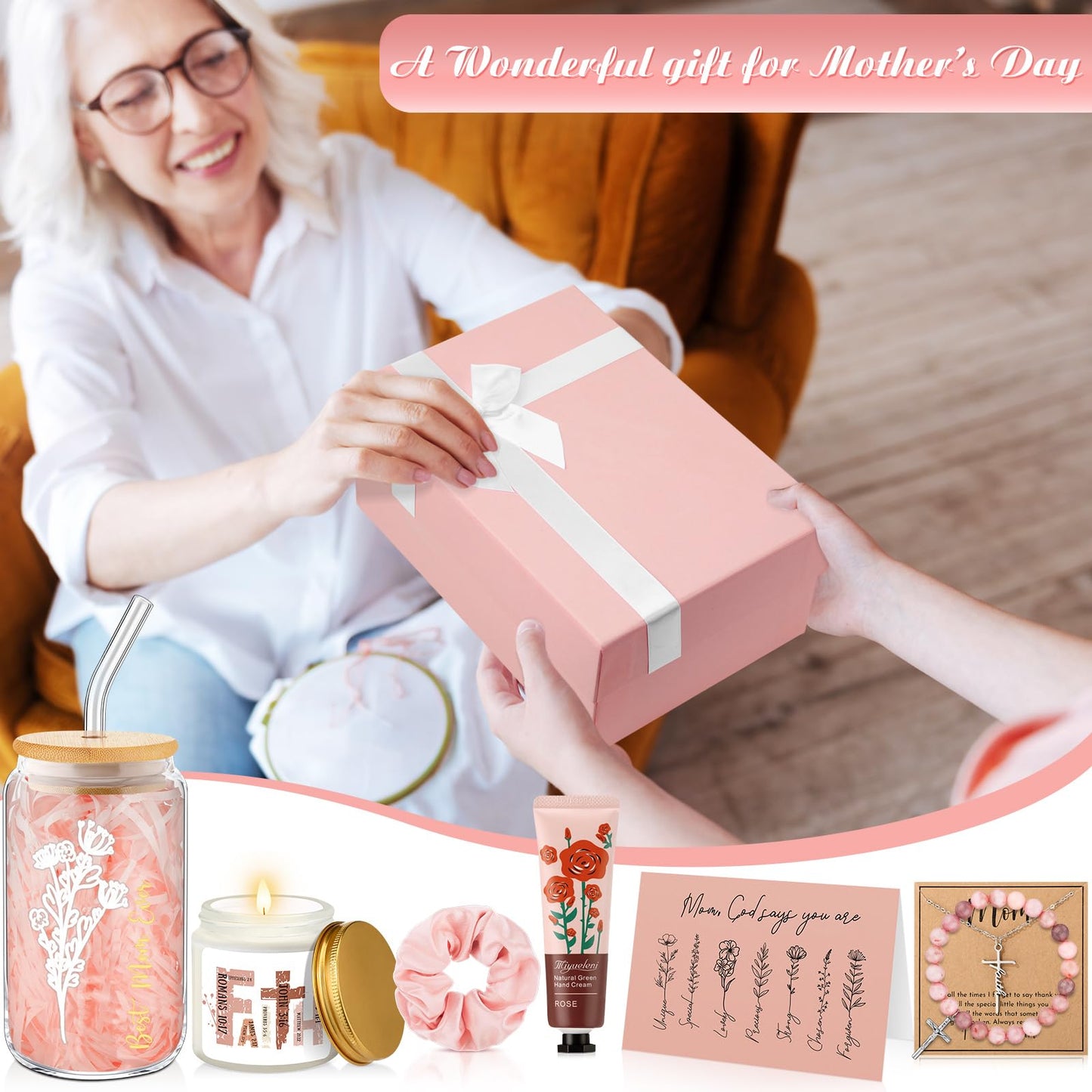 SilTriangle 10 Pcs Christian Gifts for Mom Faith Religious Bible Box Gift Set for Mother Women Glass Cup Candle Cross Necklace Hand Cream Hair Tie Greeting Card Birthday(Pink)