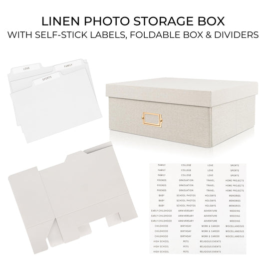 ZICOTO Decorative Photo Storage Box - Sturdy Linen Photo Organizer with Dividers is Perfect to Store Up to 1700 Pictures and 4x6 Photos - Portable Scrapbook Storage Containers with Lid